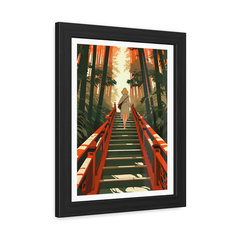 Into the Forest - Tranquil Nature Framed Poster - Serene Stairs through Bamboo Forest