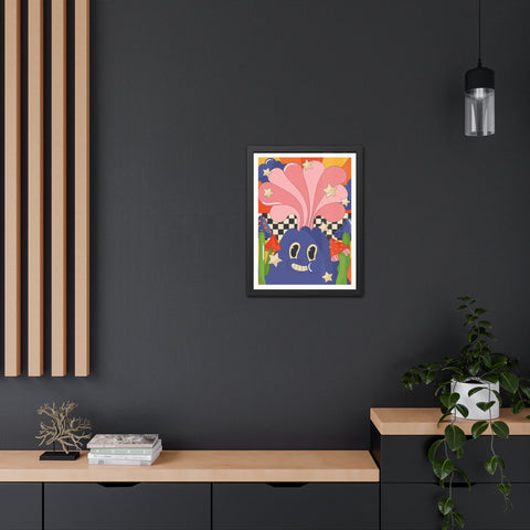 Fantasland 1 - Whimsical Framed Poster - Colorful Character with Stars and Mushrooms