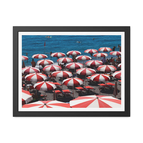 Red Umbrellas - Beach Umbrella Framed Poster - Coastal Decor for Summer Vibes