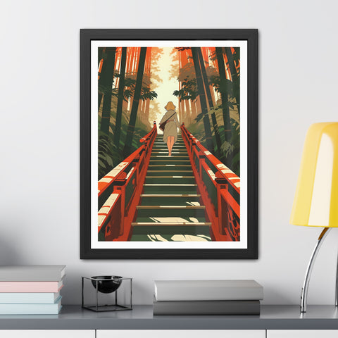 Into the Forest - Tranquil Nature Framed Poster - Serene Stairs through Bamboo Forest