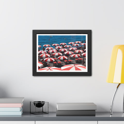 Red Umbrellas - Beach Umbrella Framed Poster - Coastal Decor for Summer Vibes
