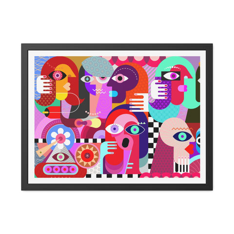 A Busy Day - Vibrant Framed Art Poster - Colorful Abstract Faces Design