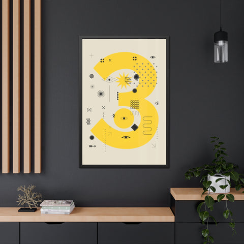 Kinta 3 - Modern Geometric Framed Poster - Bold Yellow '3' Design for Art Lovers