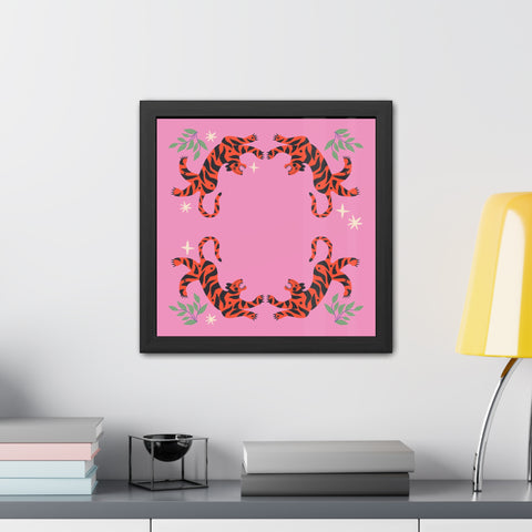 Circus Act 1 - Playful Tiger Framed Poster - Vibrant Pink Decor for Animal Lovers