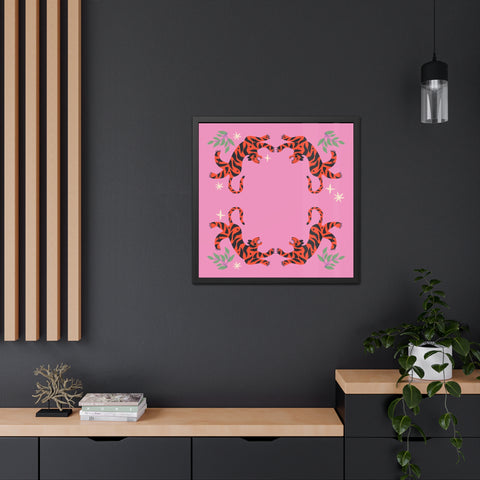 Circus Act 1 - Playful Tiger Framed Poster - Vibrant Pink Decor for Animal Lovers