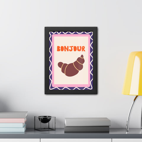 Whimsical Bonjour Croissant Framed Poster - Whimsical Wall Art for Café and Kitchen Decor