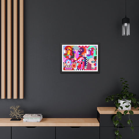 A Busy Day - Vibrant Framed Art Poster - Colorful Abstract Faces Design