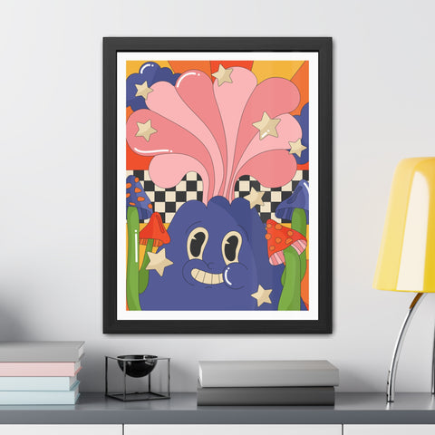 Fantasland 1 - Whimsical Framed Poster - Colorful Character with Stars and Mushrooms