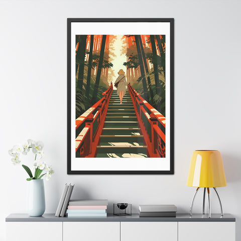 Into the Forest - Tranquil Nature Framed Poster - Serene Stairs through Bamboo Forest