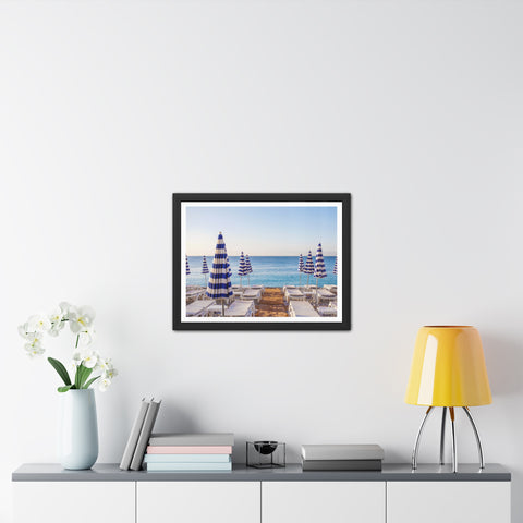 Blue Umbrellas - Beachfront Relaxation Framed Poster - Coastal Decor for Summer Vibes