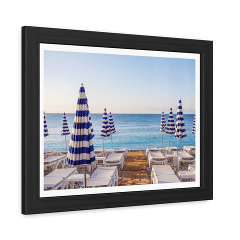 Blue Umbrellas - Beachfront Relaxation Framed Poster - Coastal Decor for Summer Vibes