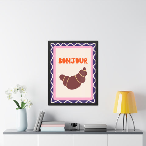 Whimsical Bonjour Croissant Framed Poster - Whimsical Wall Art for Café and Kitchen Decor