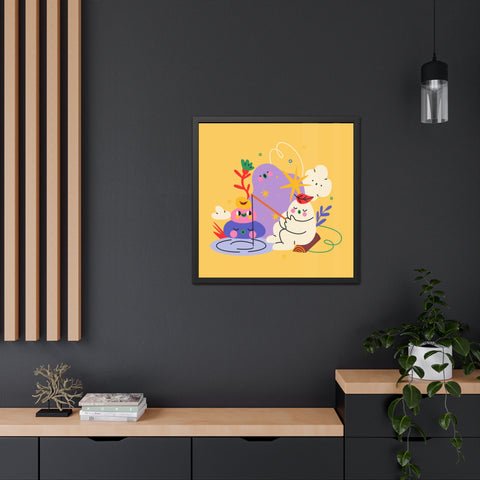 Fun Land 3 - Colorful Whimsical Framed Poster - Playful Art with Fishing Cat and Fantasy Landscape