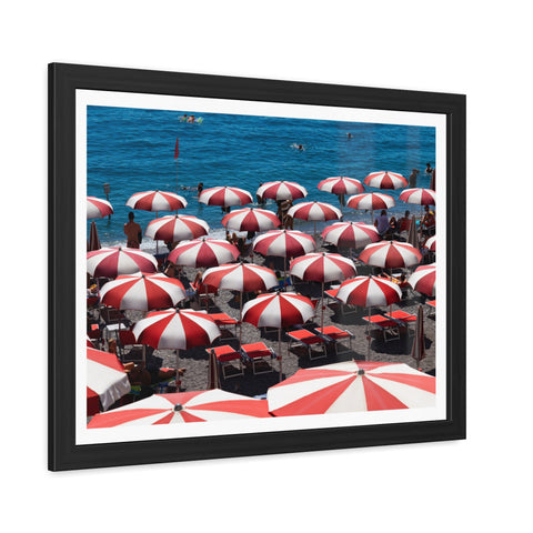 Red Umbrellas - Beach Umbrella Framed Poster - Coastal Decor for Summer Vibes