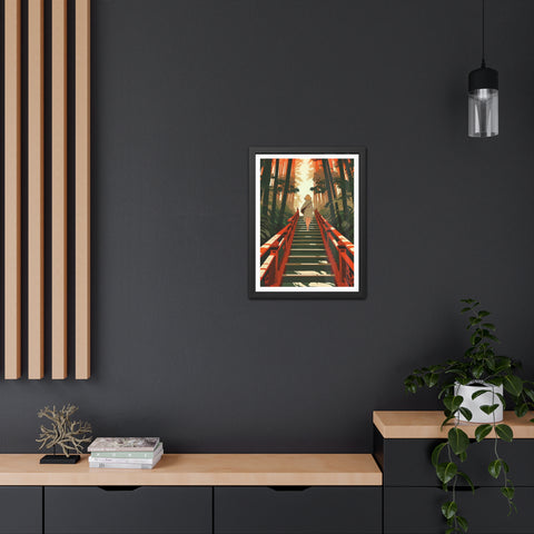 Into the Forest - Tranquil Nature Framed Poster - Serene Stairs through Bamboo Forest