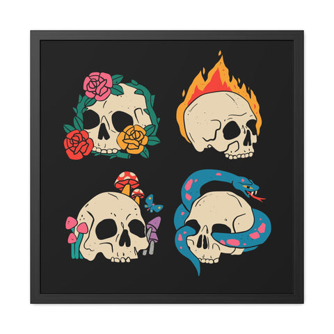 Four Skulls - Edgy Skull Art Framed Posters - Colorful Wall Decor for Halloween & Rock Lovers