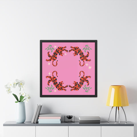 Circus Act 1 - Playful Tiger Framed Poster - Vibrant Pink Decor for Animal Lovers