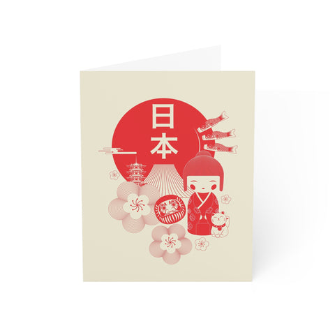 Kokeshi Doll & Sakura Design - Abstract / Japan Greeting Card - Illustrated, beautiful, any occasion