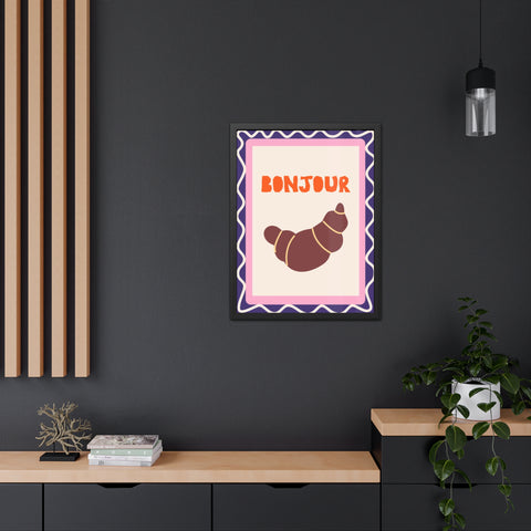 Whimsical Bonjour Croissant Framed Poster - Whimsical Wall Art for Café and Kitchen Decor