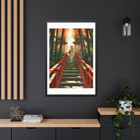 Into the Forest - Tranquil Nature Framed Poster - Serene Stairs through Bamboo Forest