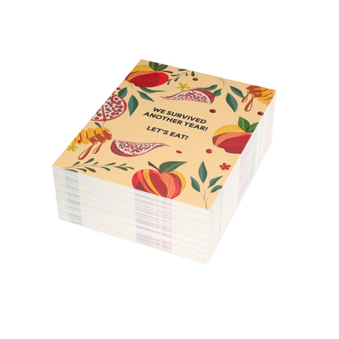 “We Survived Another Year! Let’s Eat!” Floral Fruit Celebration Greeting Card — Rosh Hashanah / Holiday Greeting Card - Illustrated, Modern