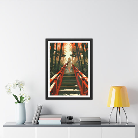 Into the Forest - Tranquil Nature Framed Poster - Serene Stairs through Bamboo Forest