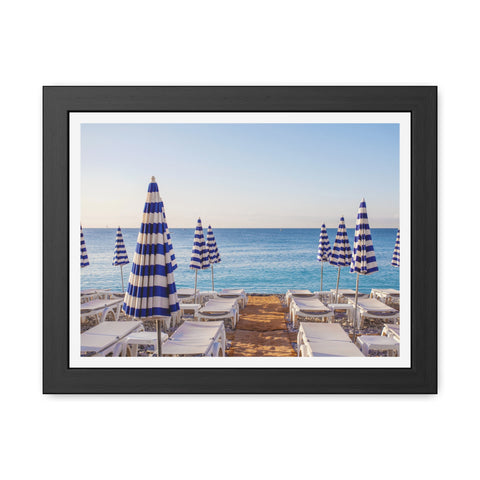 Blue Umbrellas - Beachfront Relaxation Framed Poster - Coastal Decor for Summer Vibes
