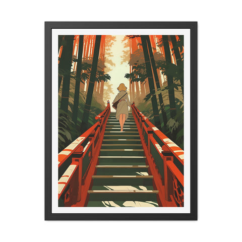 Into the Forest - Tranquil Nature Framed Poster - Serene Stairs through Bamboo Forest