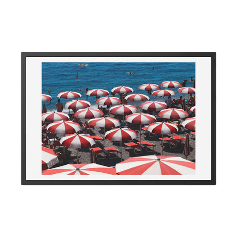 Red Umbrellas - Beach Umbrella Framed Poster - Coastal Decor for Summer Vibes