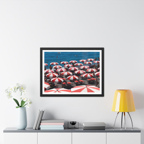 Red Umbrellas - Beach Umbrella Framed Poster - Coastal Decor for Summer Vibes
