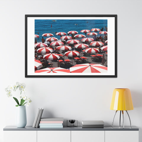 Red Umbrellas - Beach Umbrella Framed Poster - Coastal Decor for Summer Vibes
