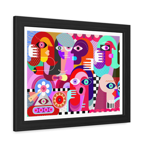 A Busy Day - Vibrant Framed Art Poster - Colorful Abstract Faces Design