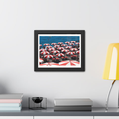Red Umbrellas - Beach Umbrella Framed Poster - Coastal Decor for Summer Vibes