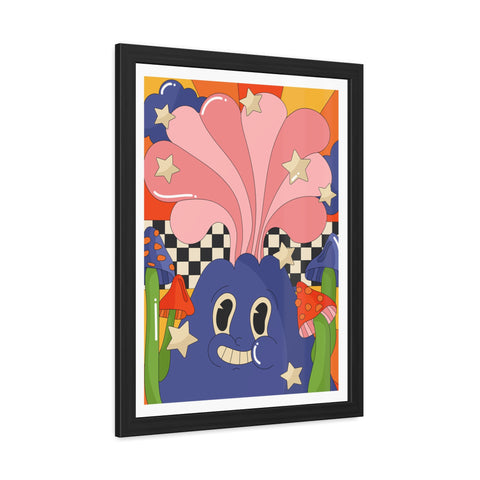 Fantasland 1 - Whimsical Framed Poster - Colorful Character with Stars and Mushrooms