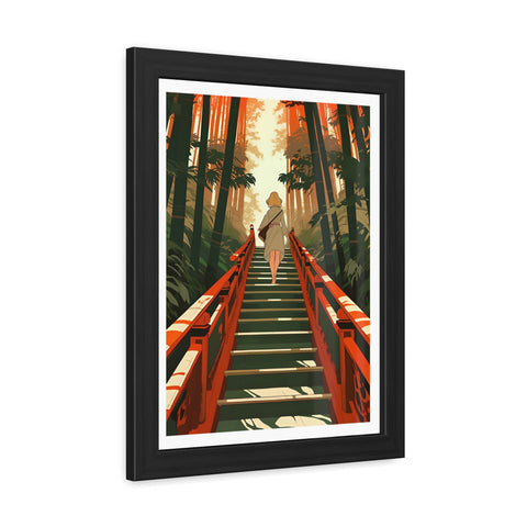 Into the Forest - Tranquil Nature Framed Poster - Serene Stairs through Bamboo Forest