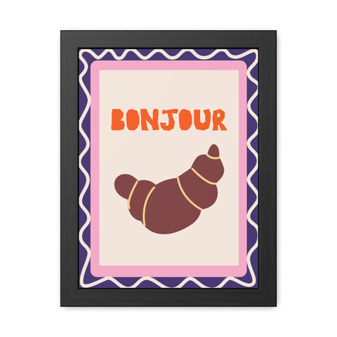 Whimsical Bonjour Croissant Framed Poster - Whimsical Wall Art for Café and Kitchen Decor