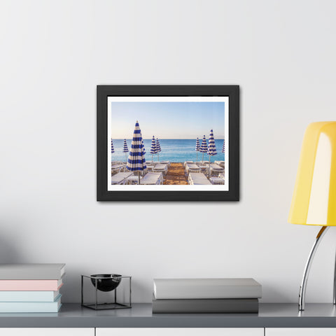 Blue Umbrellas - Beachfront Relaxation Framed Poster - Coastal Decor for Summer Vibes