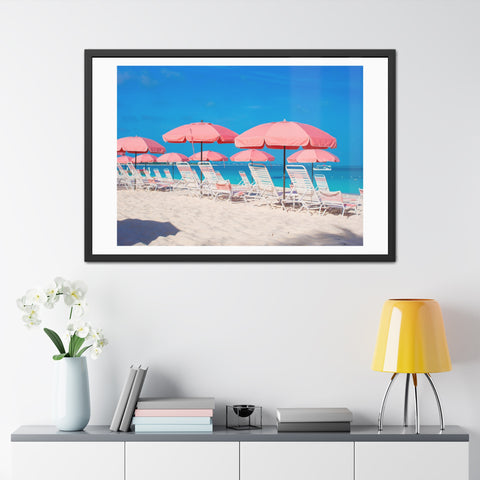 Pink Umbrellas - Beach Vibes Framed Poster - Tropical Umbrellas Art for Home Décor