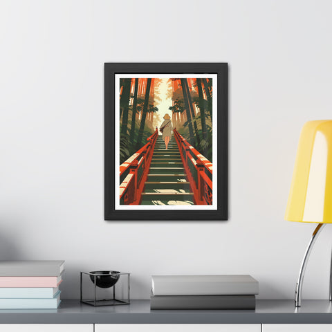 Into the Forest - Tranquil Nature Framed Poster - Serene Stairs through Bamboo Forest