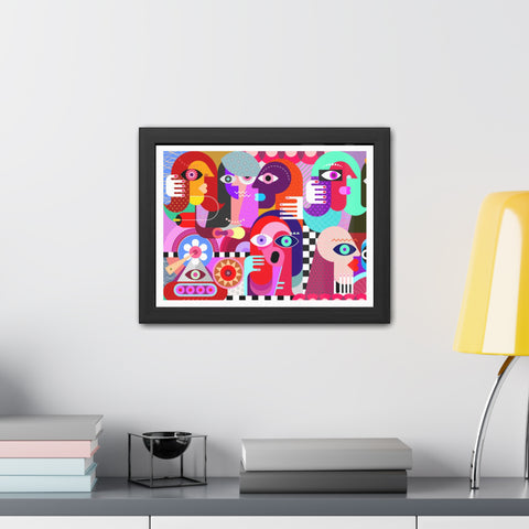 A Busy Day - Vibrant Framed Art Poster - Colorful Abstract Faces Design