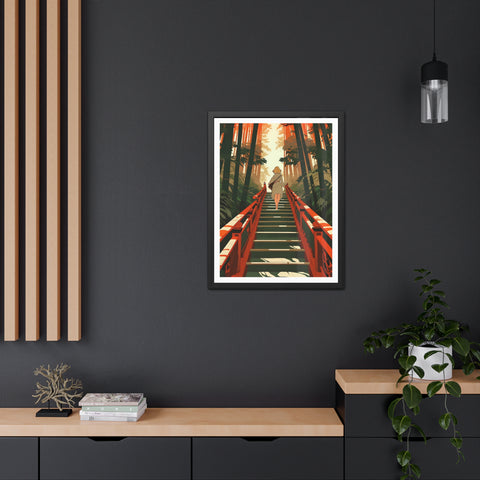 Into the Forest - Tranquil Nature Framed Poster - Serene Stairs through Bamboo Forest