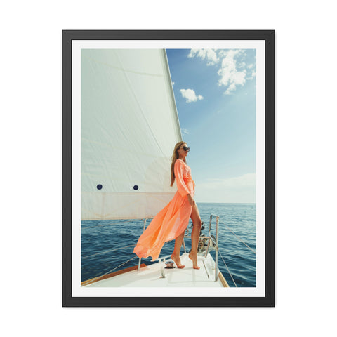 On the boat 2 - Elegant Framed Poster - Sailing Woman in Coral Dress - Nautical Wall Art