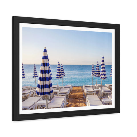 Blue Umbrellas - Beachfront Relaxation Framed Poster - Coastal Decor for Summer Vibes