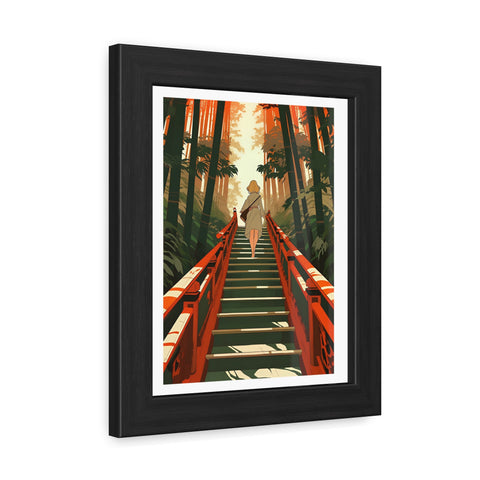 Into the Forest - Tranquil Nature Framed Poster - Serene Stairs through Bamboo Forest