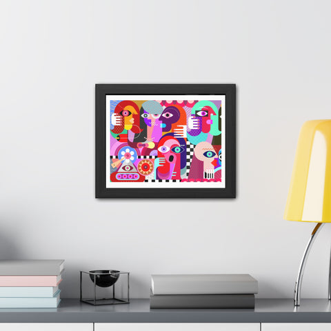 A Busy Day - Vibrant Framed Art Poster - Colorful Abstract Faces Design