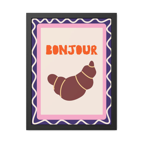 Whimsical Bonjour Croissant Framed Poster - Whimsical Wall Art for Café and Kitchen Decor