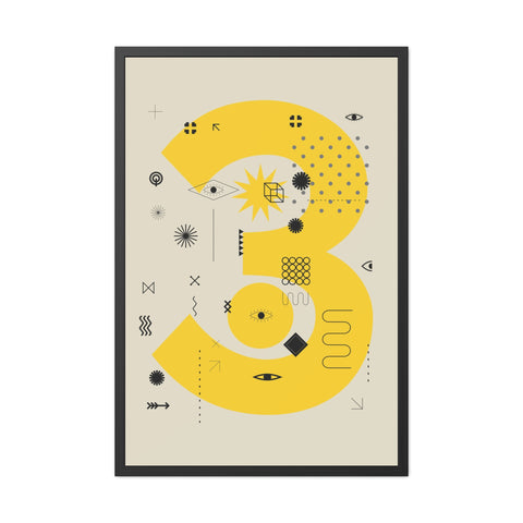 Kinta 3 - Modern Geometric Framed Poster - Bold Yellow '3' Design for Art Lovers