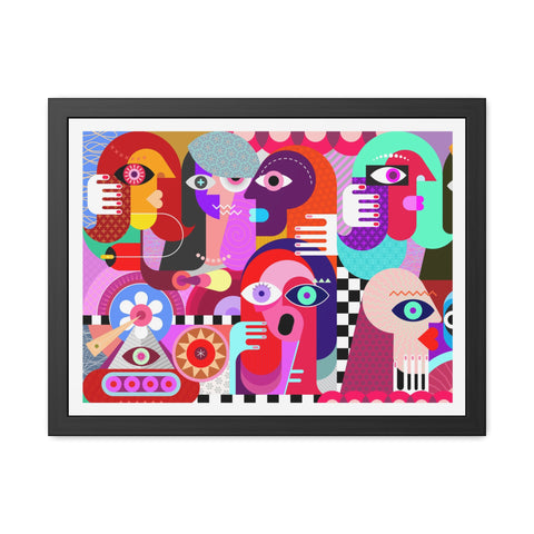 A Busy Day - Vibrant Framed Art Poster - Colorful Abstract Faces Design