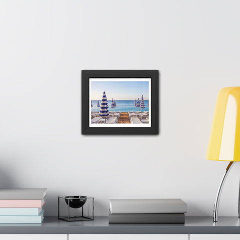 Blue Umbrellas - Beachfront Relaxation Framed Poster - Coastal Decor for Summer Vibes
