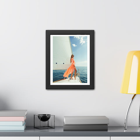 On the boat 2 - Elegant Framed Poster - Sailing Woman in Coral Dress - Nautical Wall Art